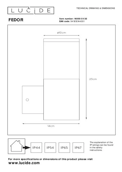 Lucide FEDOR - Wall light Indoor/Outdoor - 1xE27 - IP44 - Black - technical